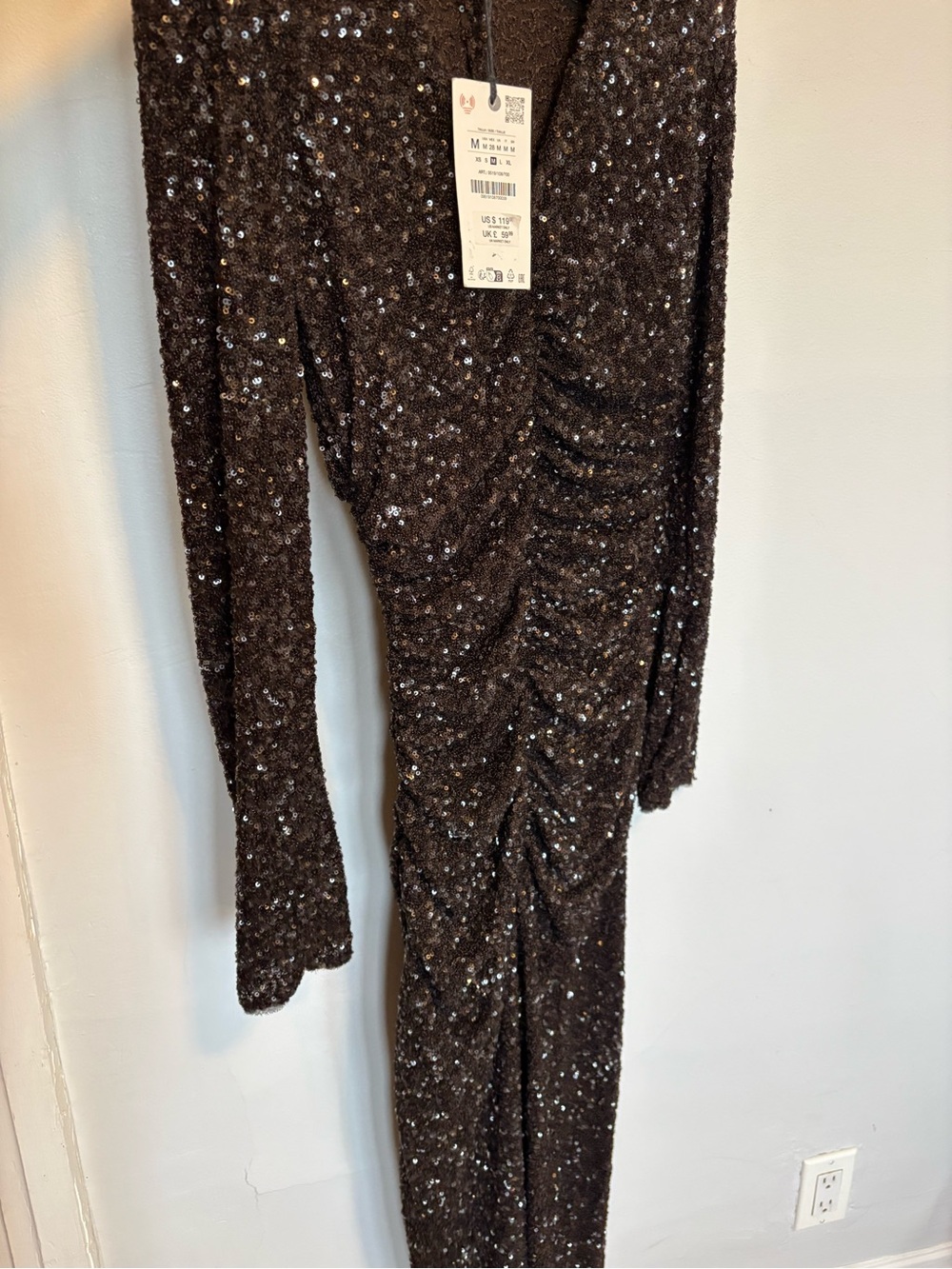 Zara Black Sparkle Long Sleeve V-Neck Maxi Dress with Side Slit - Picture 7 of 9